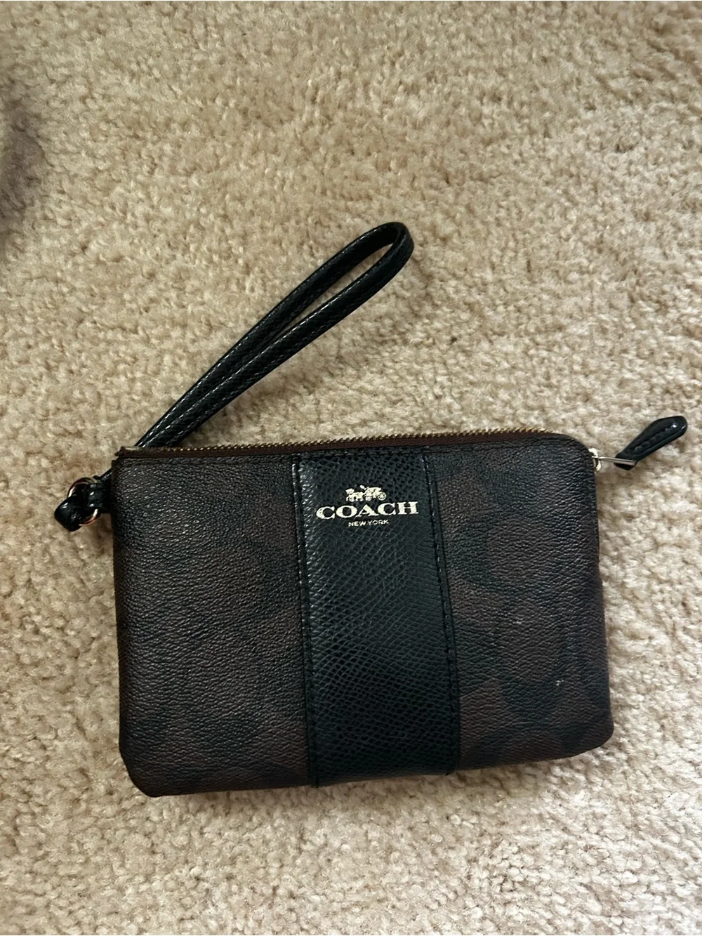 Coach F54429 Signature Canvas Leather Corner Zip Wristlet Brown Black